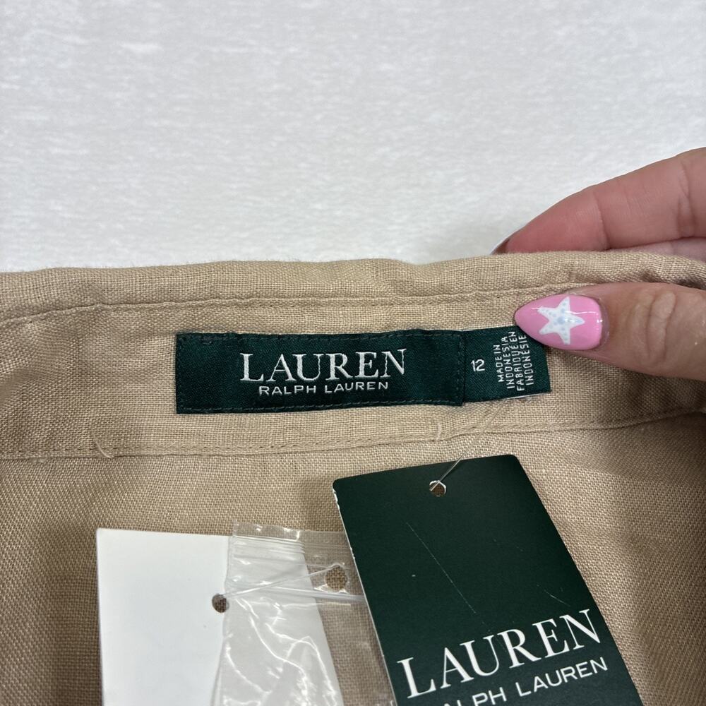 NWT Lauren Ralph Lauren Tie Front Linen Shirt Dress Sz 12 Lauren Khaki Charity - Picture 12 of 14